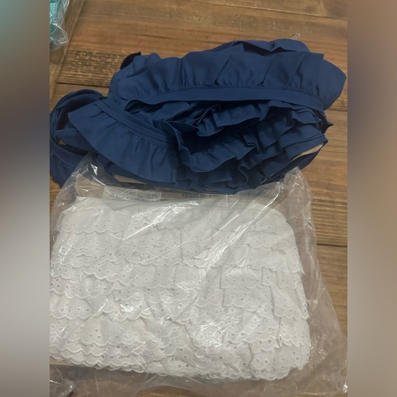 Lot Of 3 (20 Yards Each) White Eyelet Lace Edging Polka Dot Baby Blue, Navy Blue - Picture 7 of 9